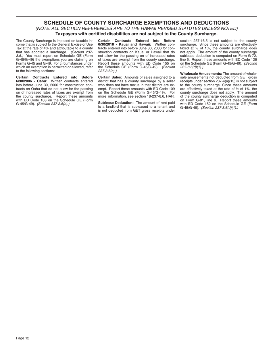 Instructions for Form G-45 General Excise / Use Tax Return - Hawaii, Page 12