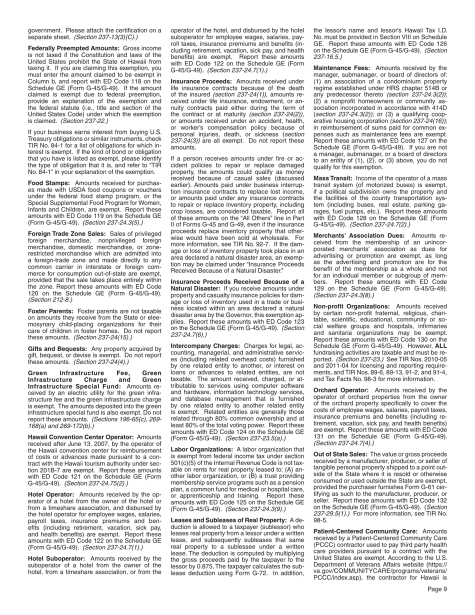 Instructions for Form G-45 General Excise / Use Tax Return - Hawaii, Page 9