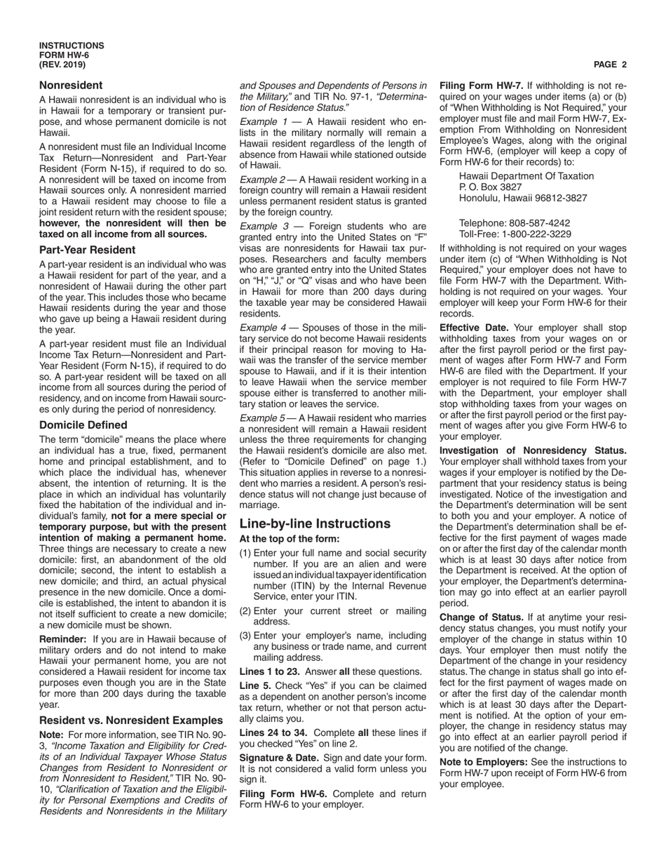 Instructions for Form HW-6 Employees Statement to Employer Concerning Non-residence in the State of Hawaii - Hawaii, Page 2
