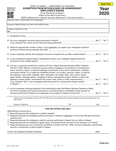Form HW-7 2020 Printable Pdf