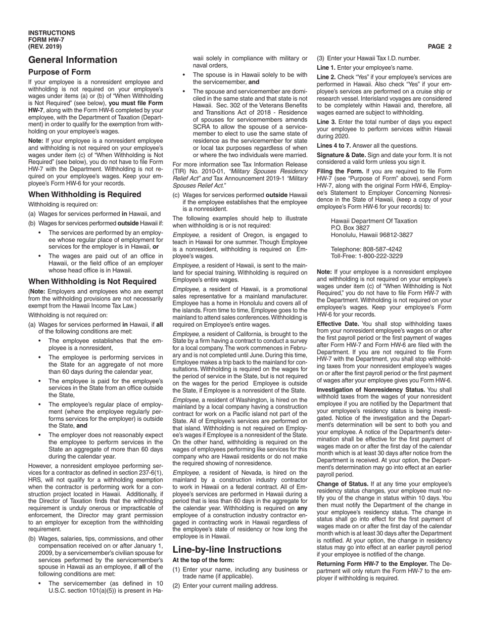 Form HW-7 Exemption From Withholding on Nonresident Employees Wages - Hawaii, Page 2