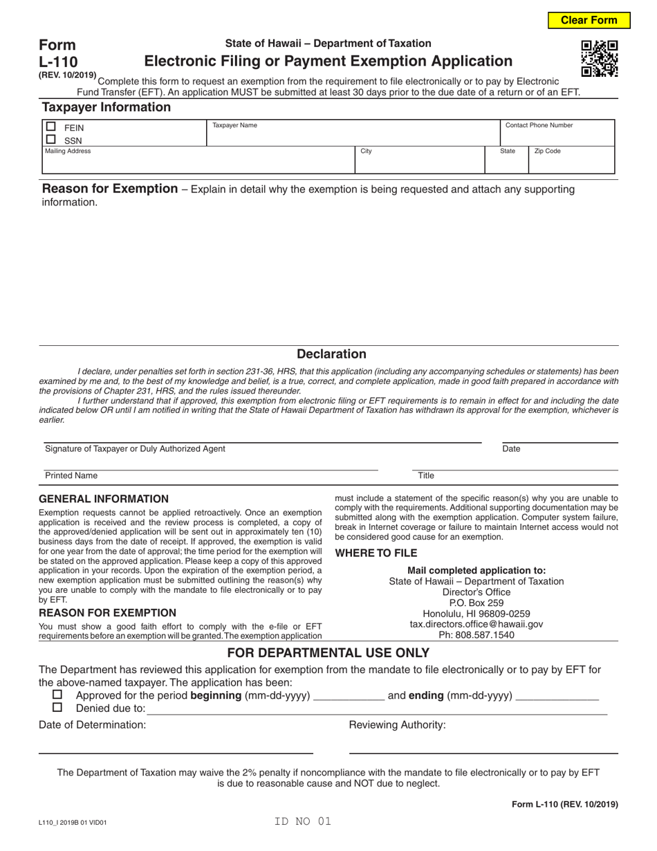 Form L-110 Electronic Filing or Payment Exemption Application - Hawaii, Page 1