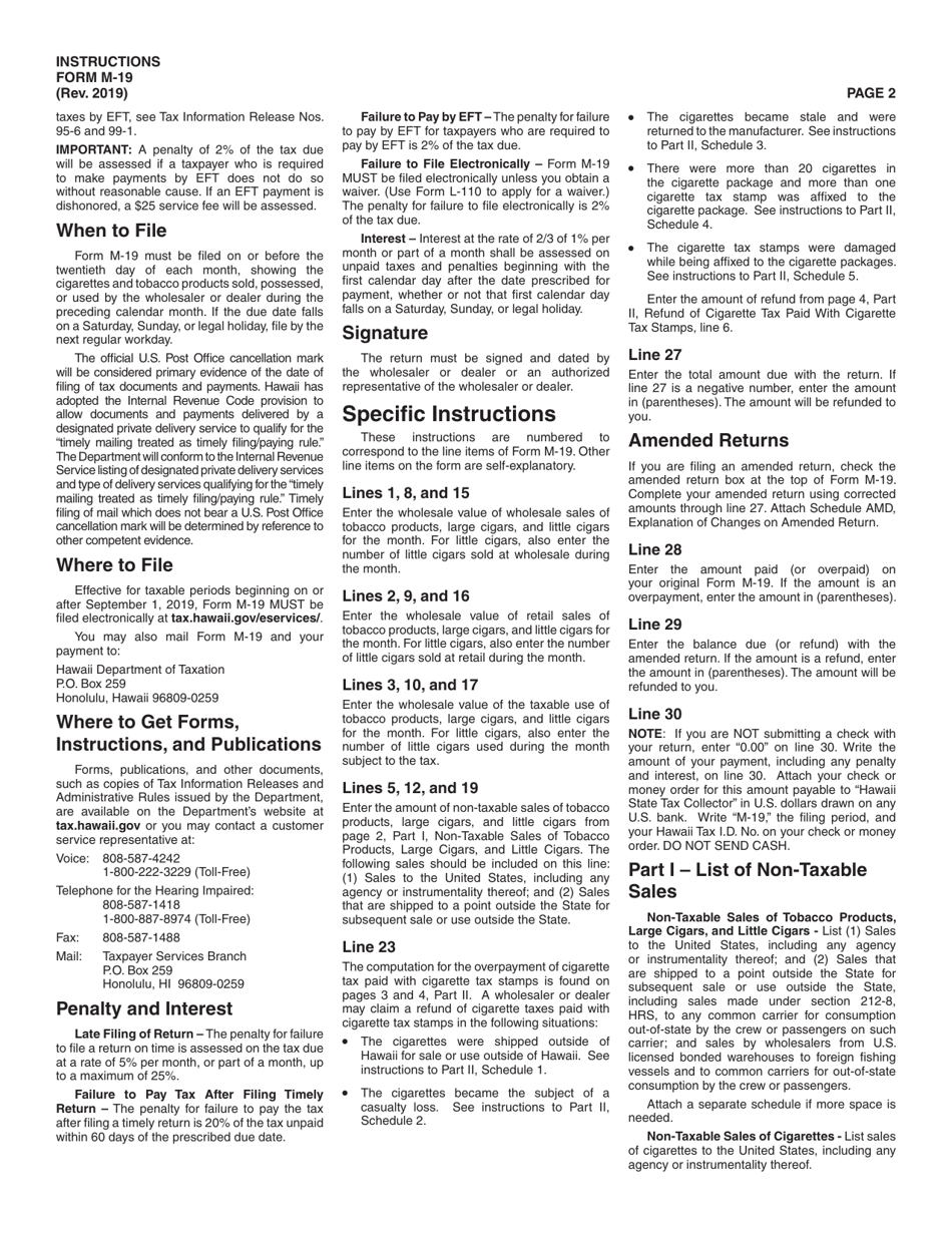 Instructions for Form M-19 Cigarette and Tobacco Products Monthly Tax Return - Hawaii, Page 2