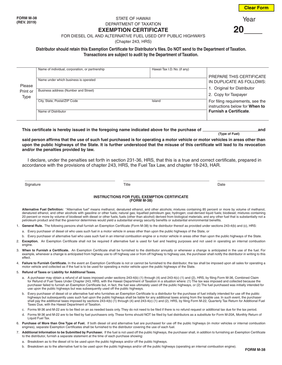 Form M-38 Exemption Certificate for Diesel Oil and Alternative Fuel Used off Public Highways - Hawaii, Page 1