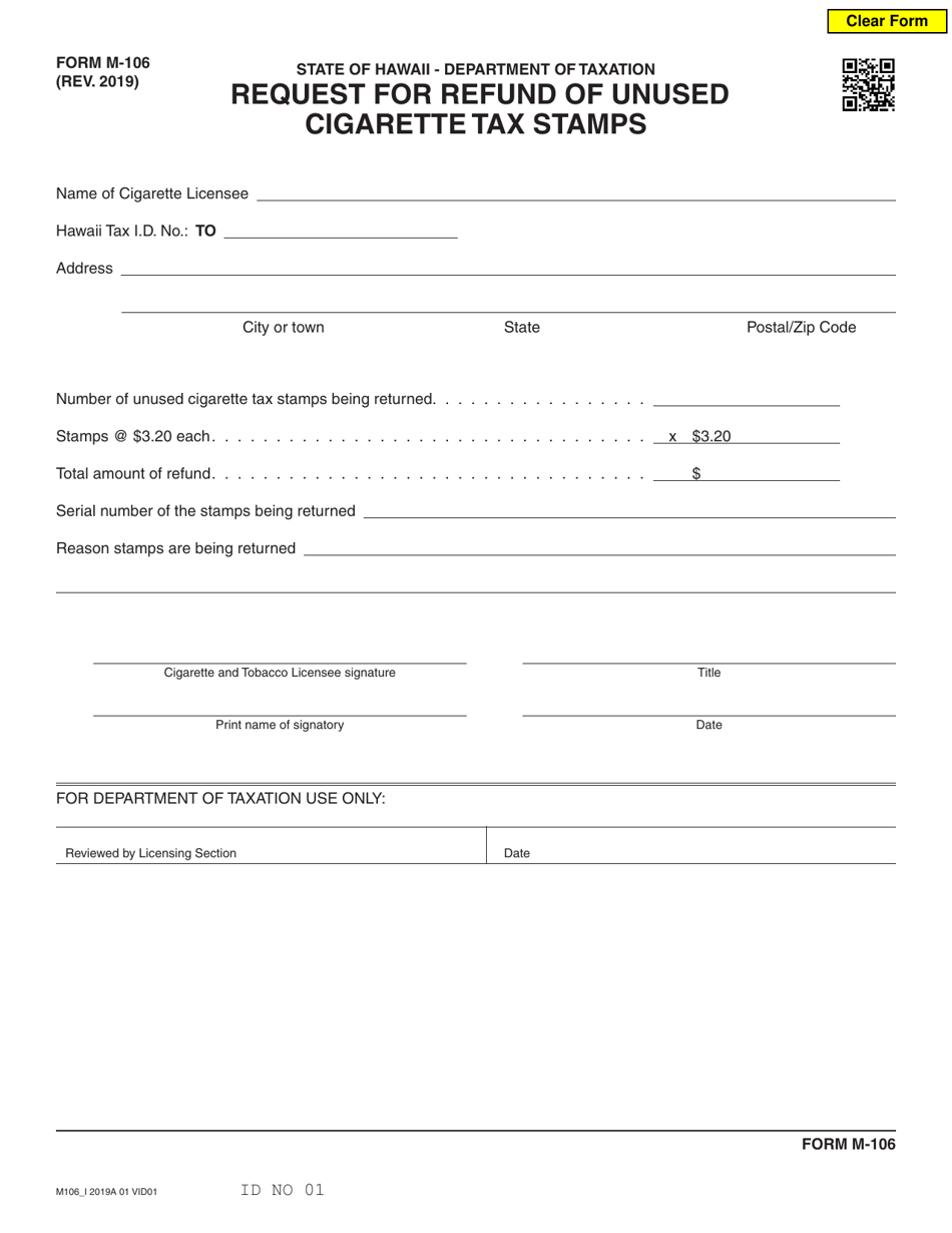 Form M-106 Request for Refund of Unused Cigarette Tax Stamps - Hawaii, Page 1