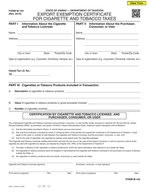 Form M-104 Export Exemption Certificate for Cigarette and Tobacco Taxes - Hawaii