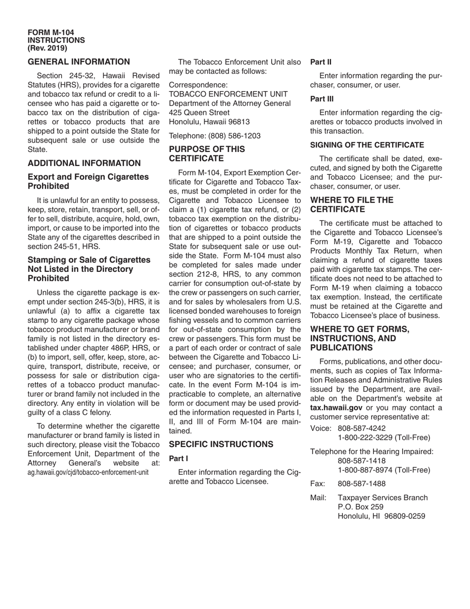 Form M-104 Export Exemption Certificate for Cigarette and Tobacco Taxes - Hawaii, Page 2