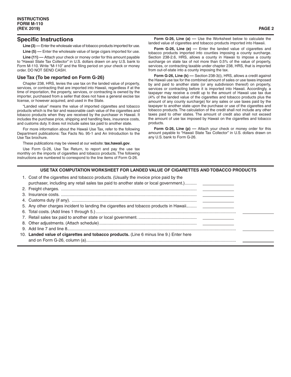 Instructions for Form M-110 Cigarette and Tobacco Products Tax Return - Hawaii, Page 2