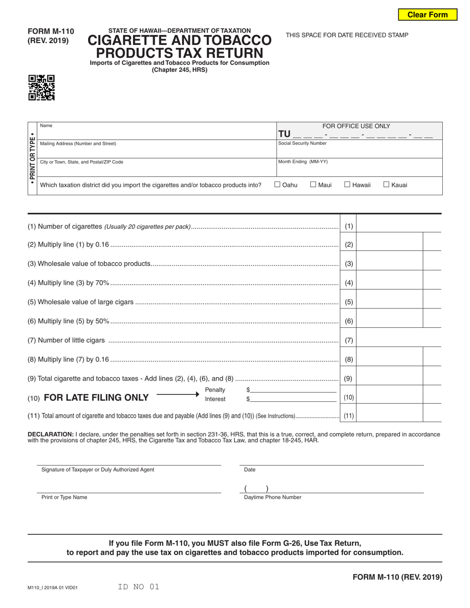 Form M-110 Cigarette and Tobacco Products Tax Return - Hawaii, Page 1