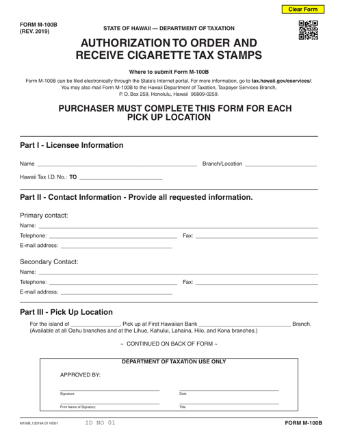 Form M-100B Authorization to Order and Receive Cigarette Tax Stamps - Hawaii