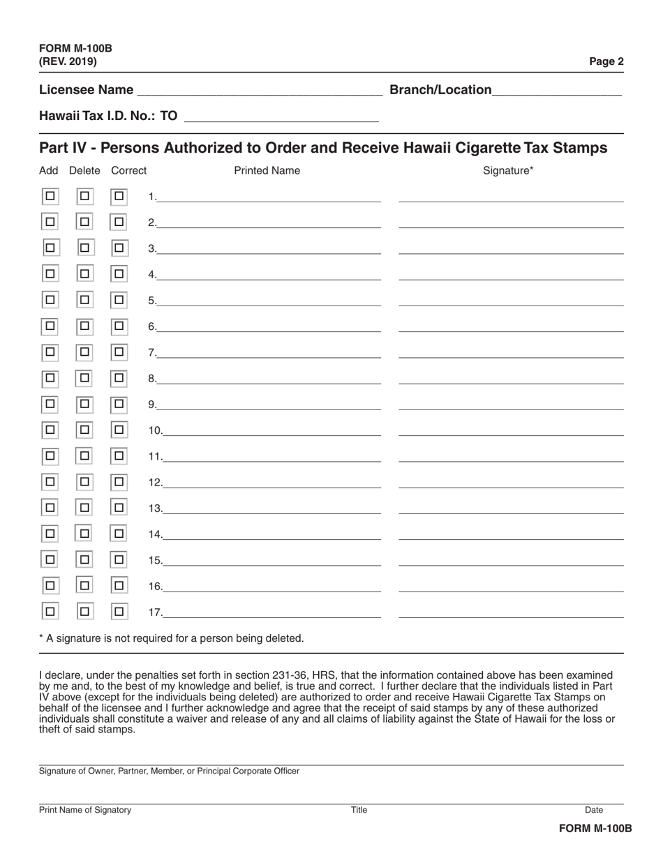 Form M-100B Authorization to Order and Receive Cigarette Tax Stamps - Hawaii, Page 2