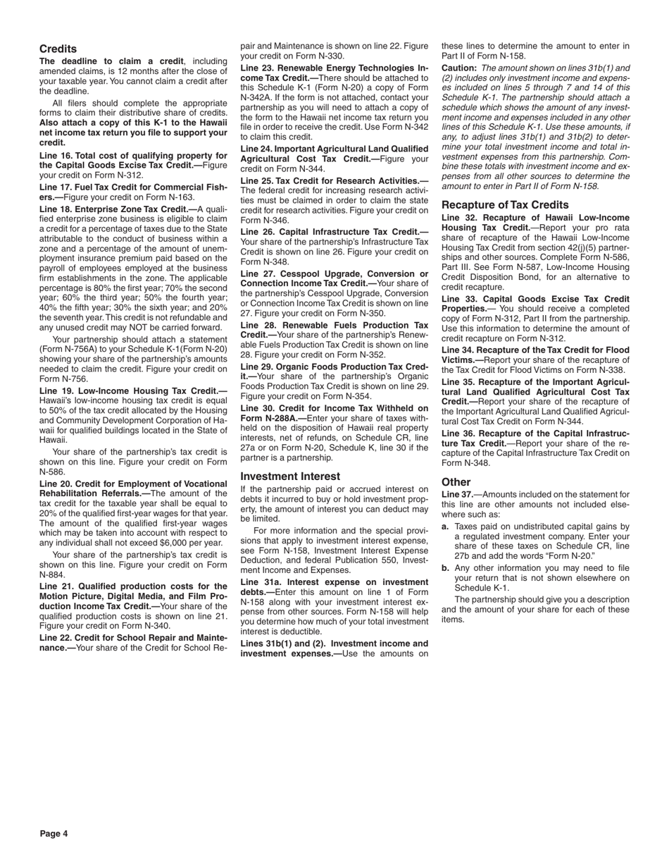 Instructions for Form N-20 Schedule K-1 Partners Share of Income, Credits, Deductions, Etc. - Hawaii, Page 4