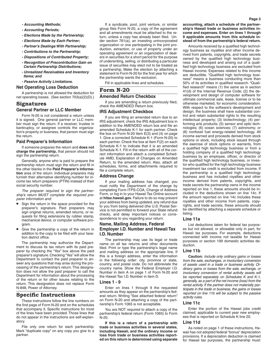 Instructions for Form N-20 Partnership Return of Income - Hawaii, Page 3