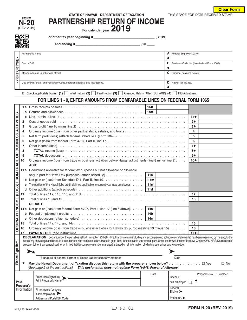 Form N-20 Partnership Tax Return - Hawaii, Page 1