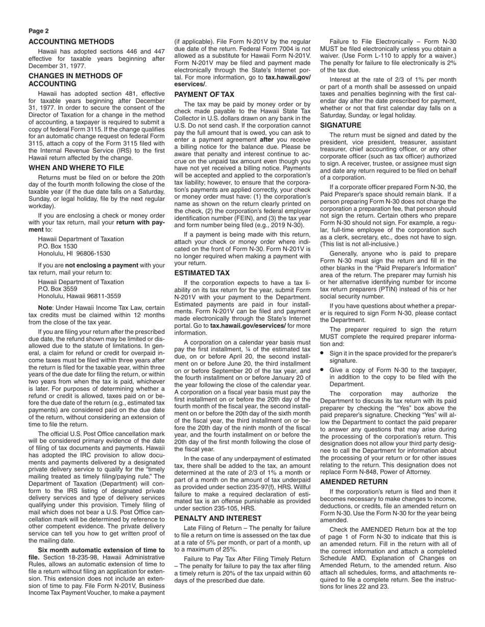 Instructions for Form N-30 Corporation Income Tax Return - Hawaii, Page 2