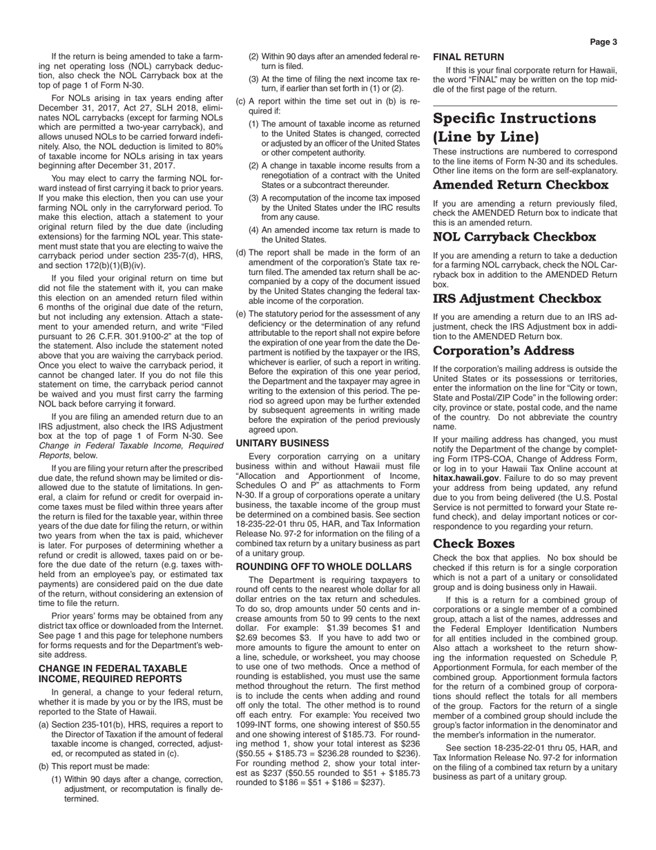 Instructions for Form N-30 Corporation Income Tax Return - Hawaii, Page 3