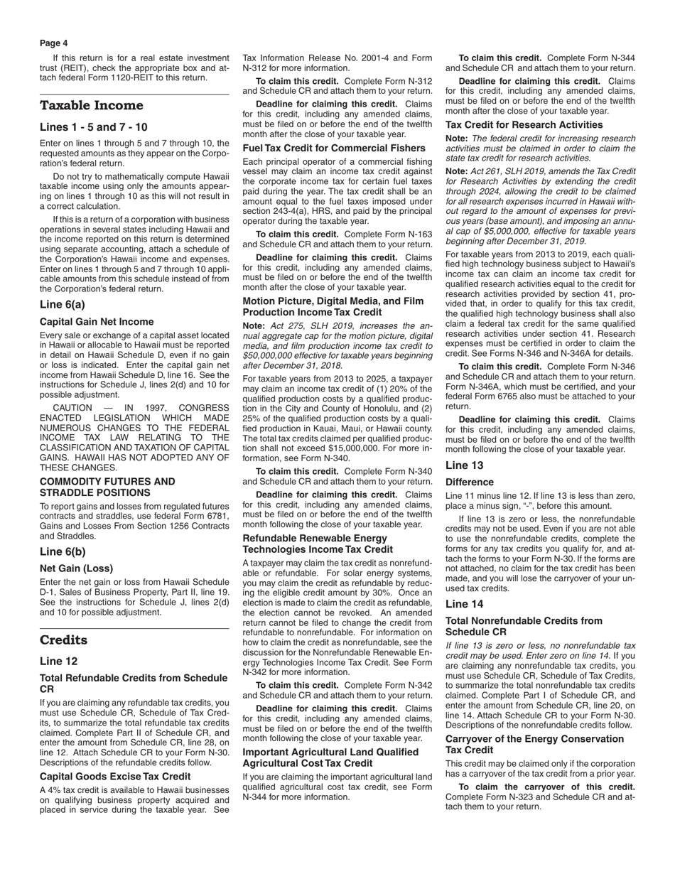 Instructions for Form N-30 Corporation Income Tax Return - Hawaii, Page 4