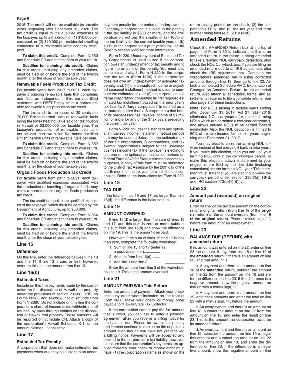 Instructions for Form N-30 Corporation Income Tax Return - Hawaii, Page 6