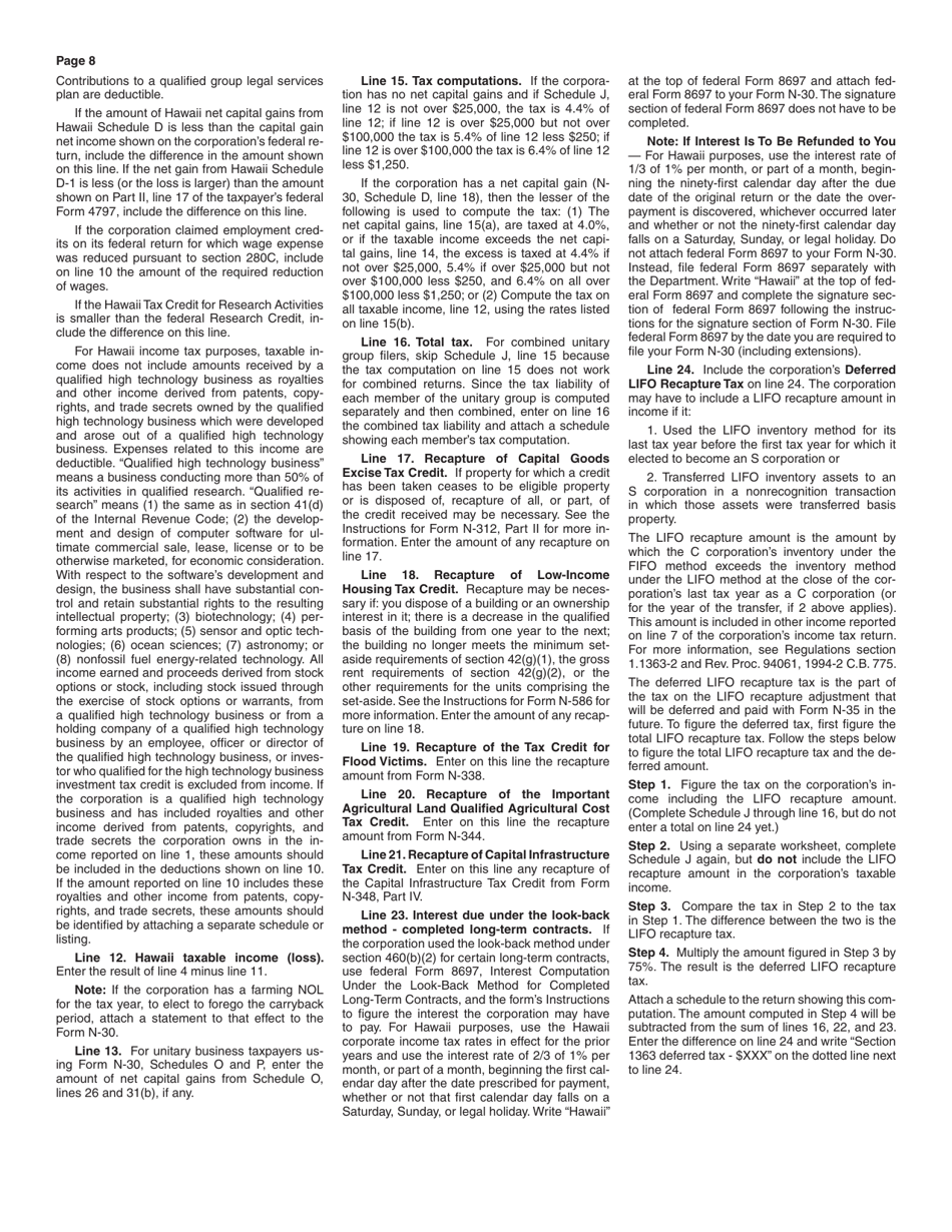 Instructions for Form N-30 Corporation Income Tax Return - Hawaii, Page 8