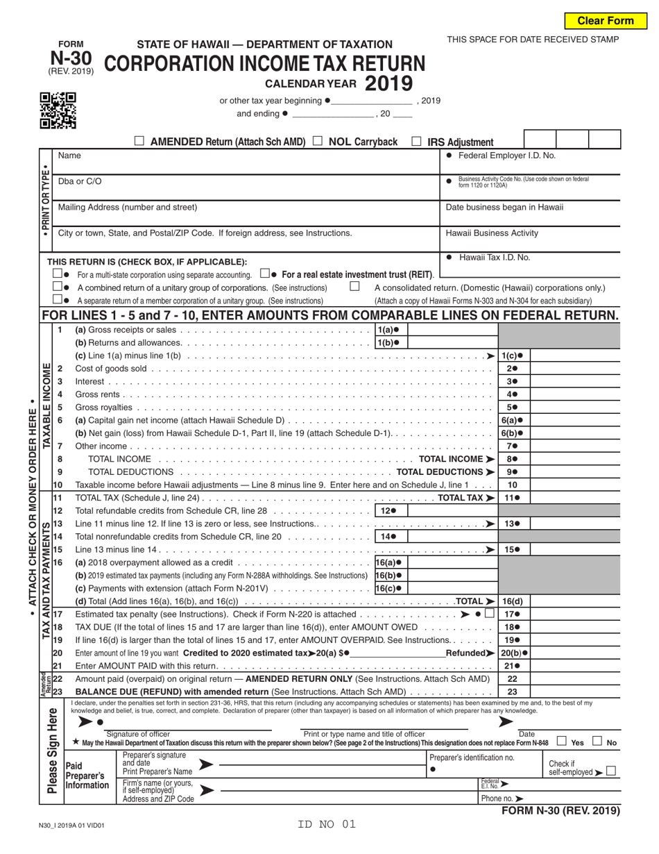 Form N-30 Corporation Income Tax Return - Hawaii, Page 1