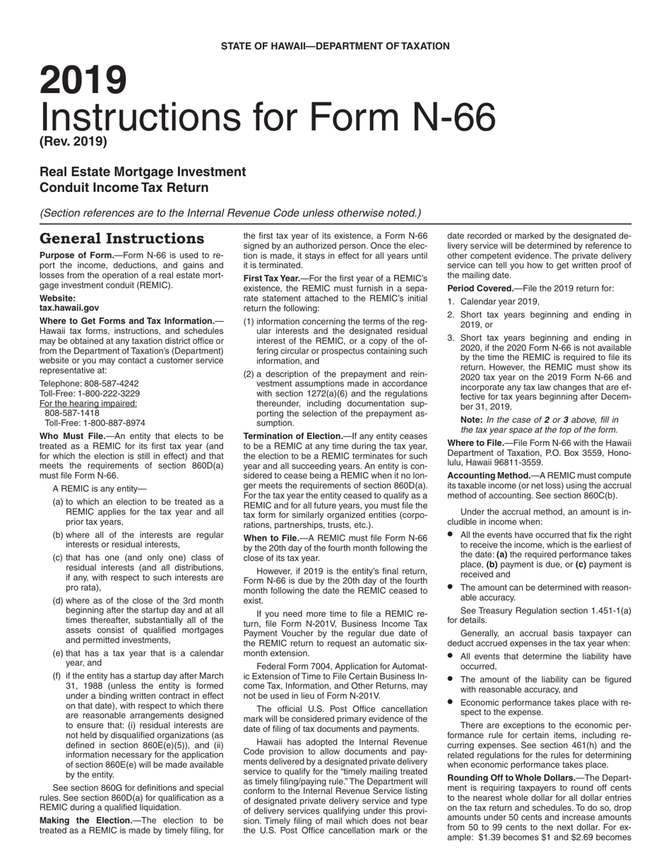 Instructions for Form N-66 Real Estate Investment Mortgage Conduit Income Tax Return - Hawaii, Page 1