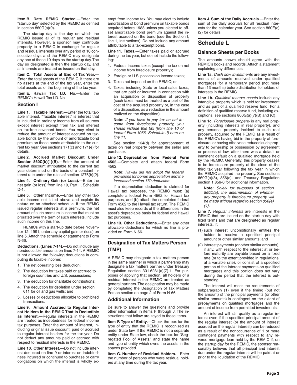 Instructions for Form N-66 Real Estate Investment Mortgage Conduit Income Tax Return - Hawaii, Page 3
