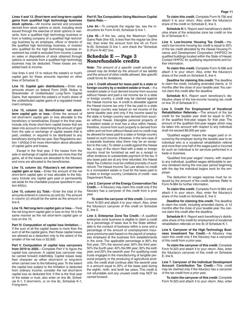 Instructions for Form N-40 Schedule A, B, C, D, E, F, G, J, K-1 - Hawaii, Page 11