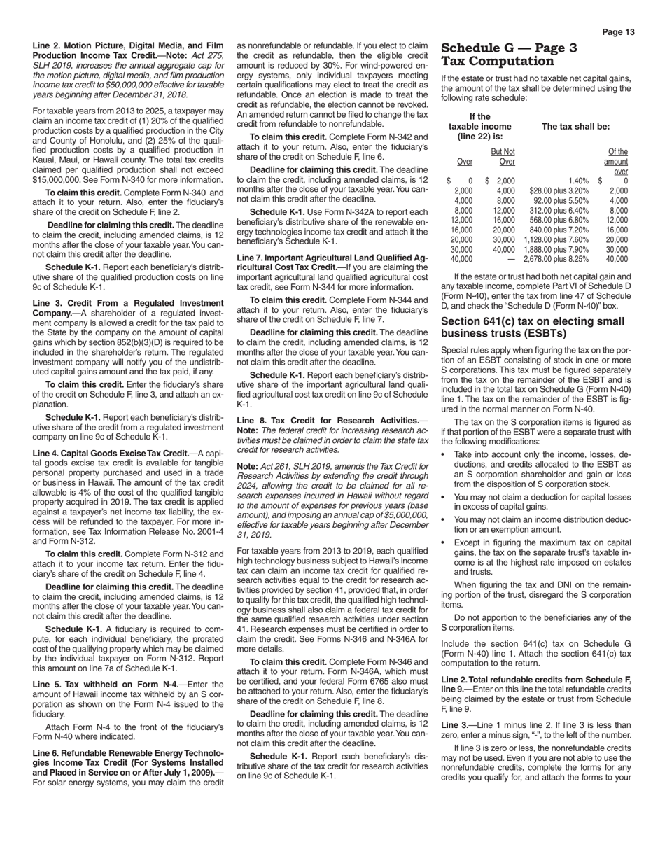 Instructions for Form N-40 Schedule A, B, C, D, E, F, G, J, K-1 - Hawaii, Page 13