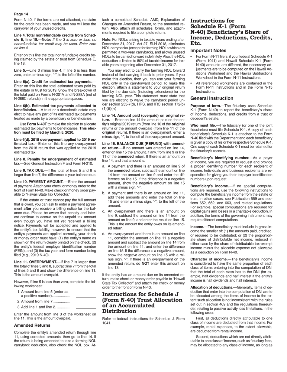 Instructions for Form N-40 Schedule A, B, C, D, E, F, G, J, K-1 - Hawaii, Page 14