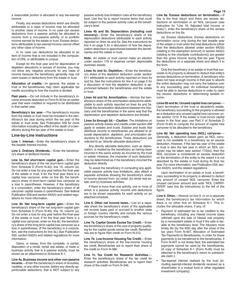 Instructions for Form N-40 Schedule A, B, C, D, E, F, G, J, K-1 - Hawaii, Page 15