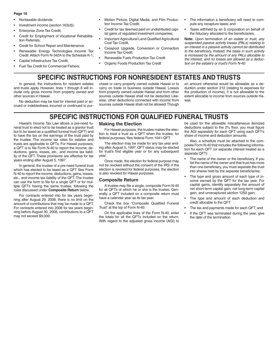 Instructions for Form N-40 Schedule A, B, C, D, E, F, G, J, K-1 - Hawaii, Page 16