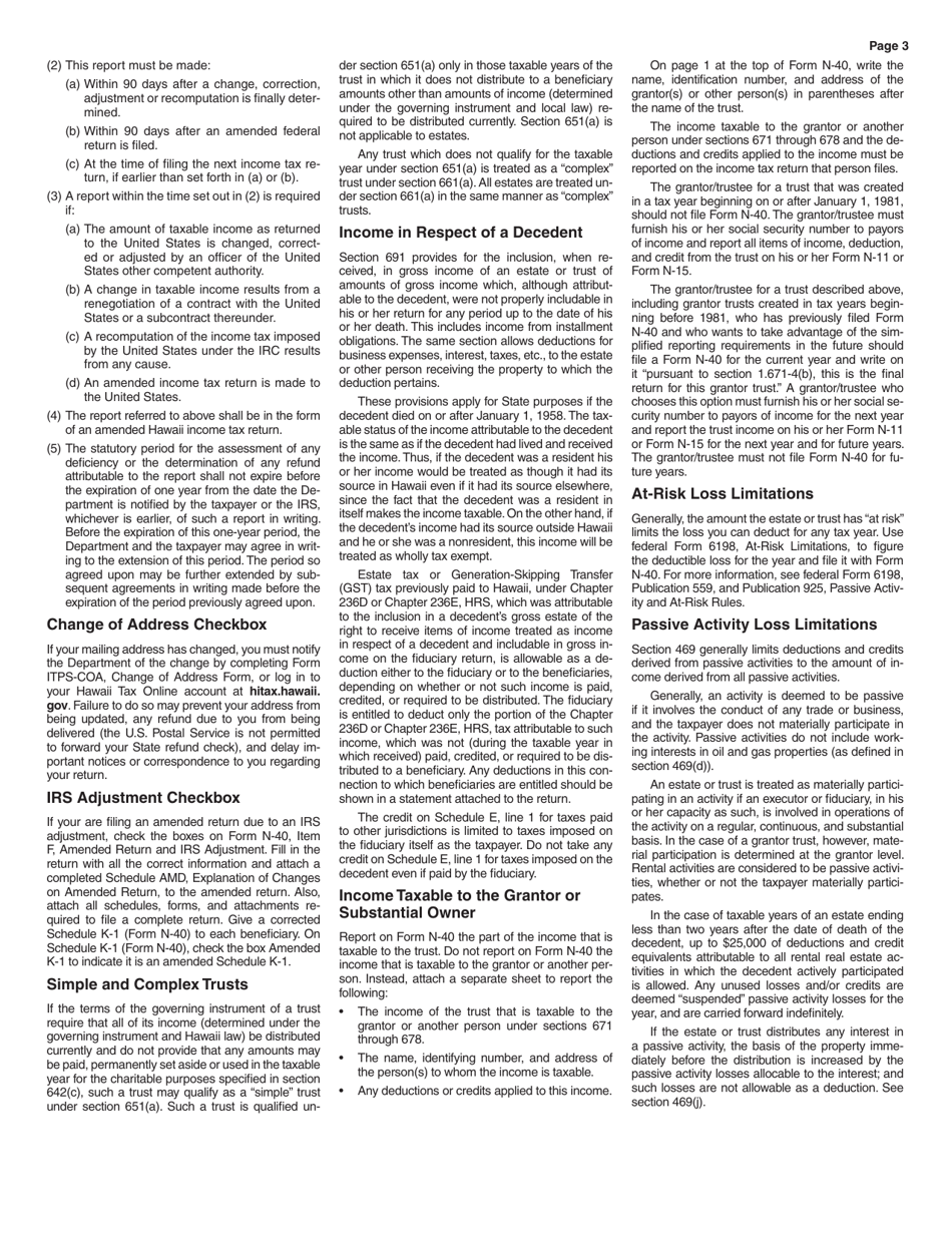 Instructions for Form N-40 Schedule A, B, C, D, E, F, G, J, K-1 - Hawaii, Page 3