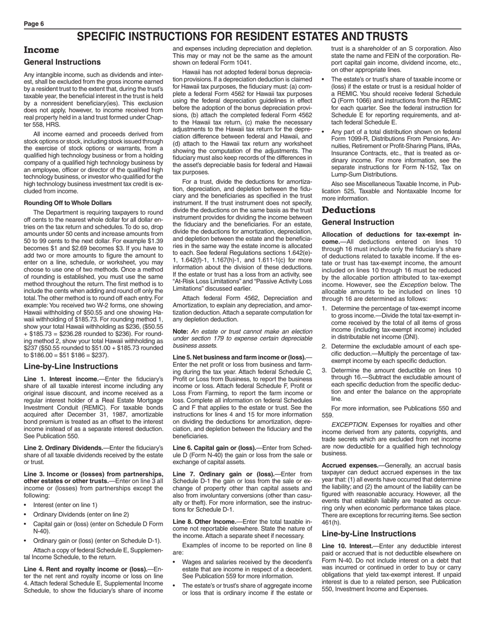 Instructions for Form N-40 Schedule A, B, C, D, E, F, G, J, K-1 - Hawaii, Page 6