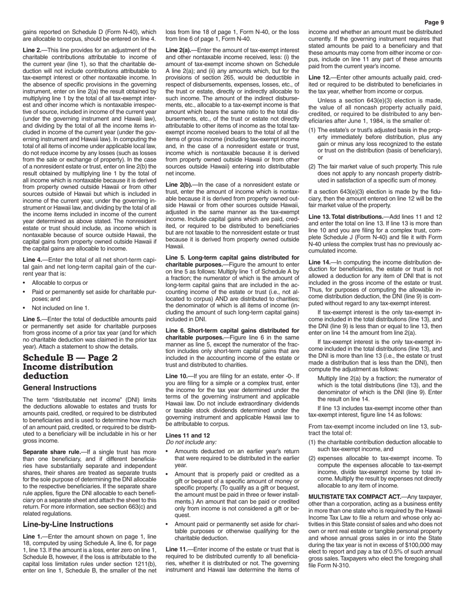 Instructions for Form N-40 Schedule A, B, C, D, E, F, G, J, K-1 - Hawaii, Page 9
