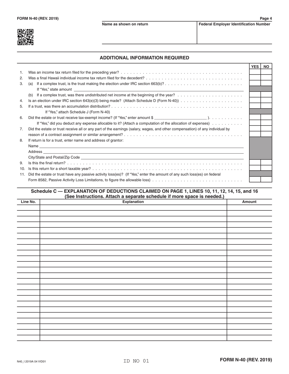 Form N-40 Fiduciary Income Tax Return - Hawaii, Page 4