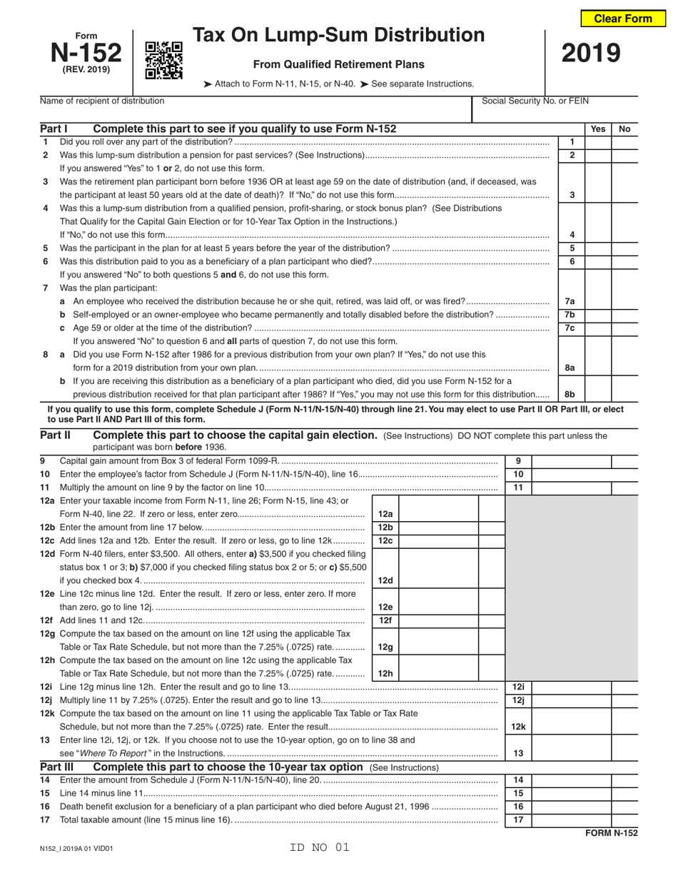 Form N-152 Download Fillable PDF or Fill Online Tax on Lump-Sum ...