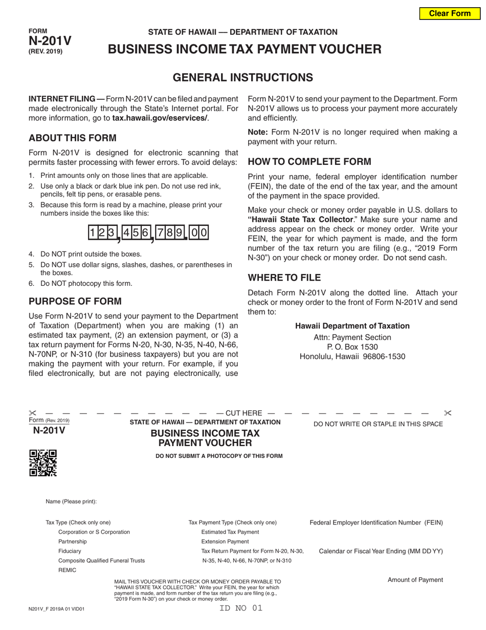 Form N-201V Business Income Tax Payment Voucher - Hawaii, Page 1