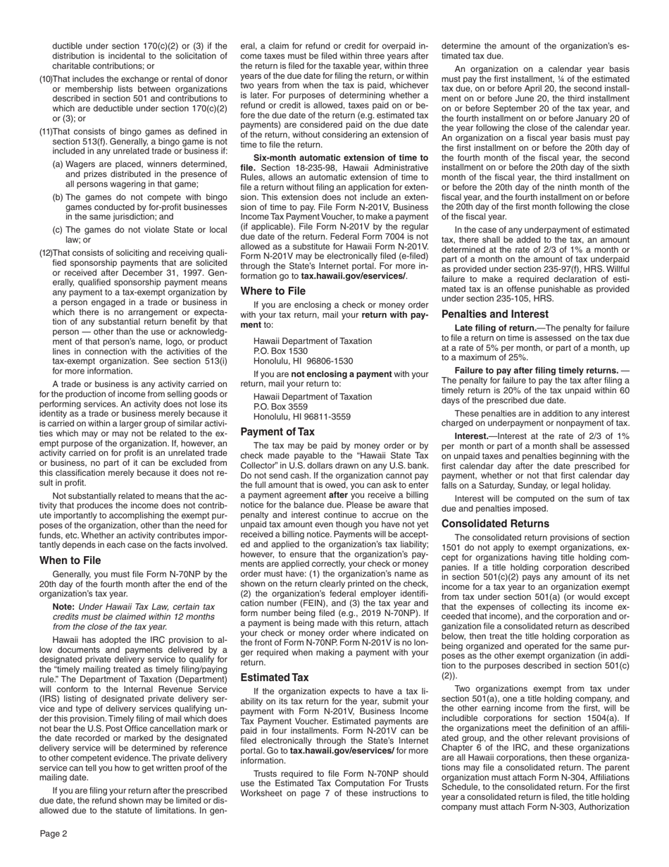 Instructions for Form N-70NP Exempt Organization Business Income Tax Form - Hawaii, Page 2