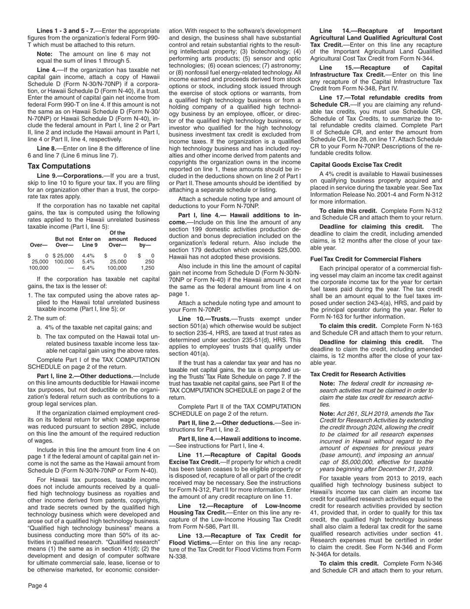 Instructions for Form N-70NP Exempt Organization Business Income Tax Form - Hawaii, Page 4
