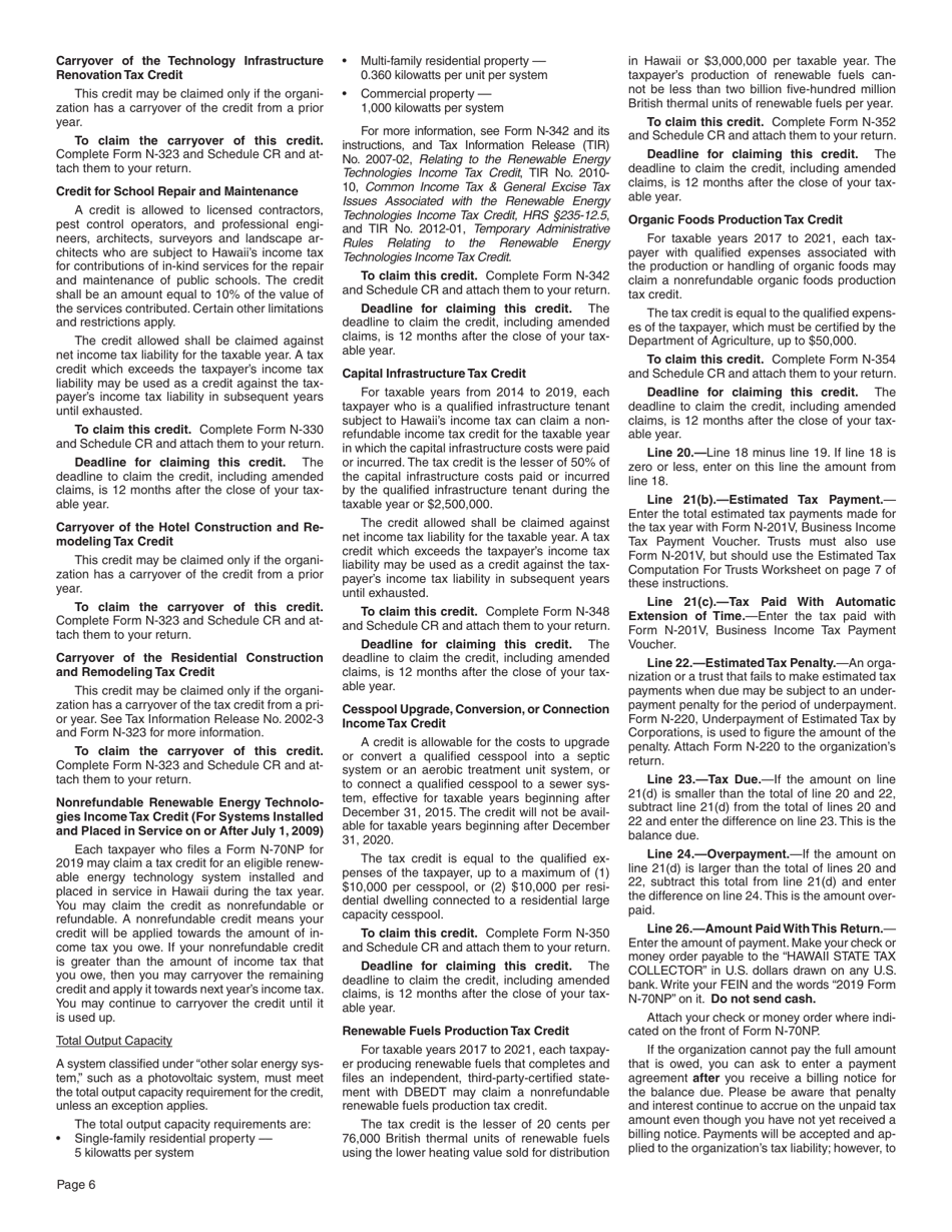 Instructions for Form N-70NP Exempt Organization Business Income Tax Form - Hawaii, Page 6