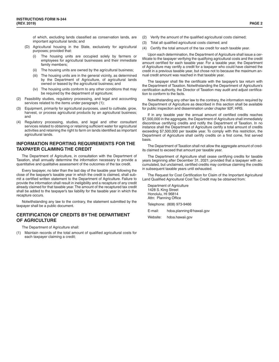 Instructions for Form N-344 Important Agricultural Land Qualified Agricultural Cost Tax Credit - Hawaii, Page 2