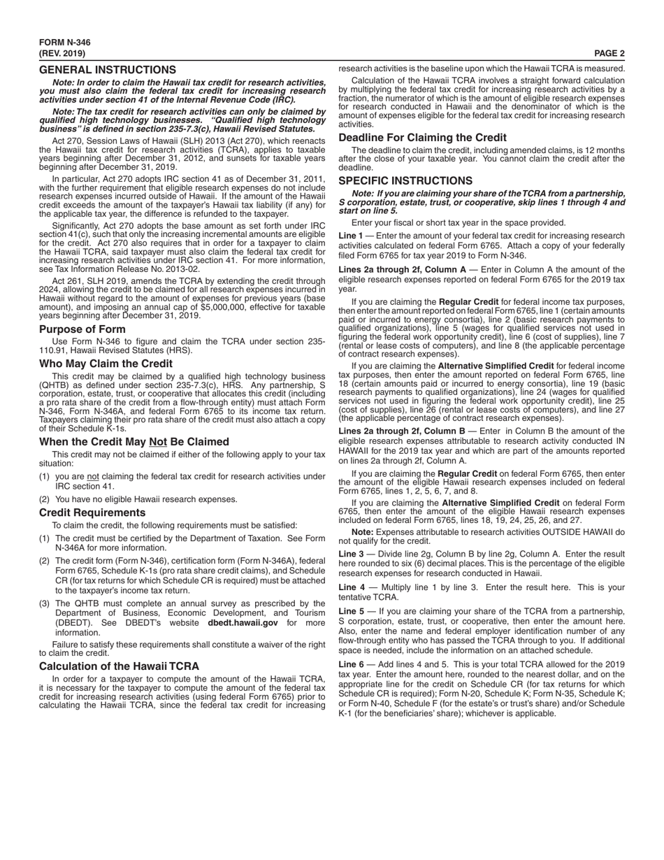 Form N-346 Tax Credit for Research Activities - Hawaii, Page 2
