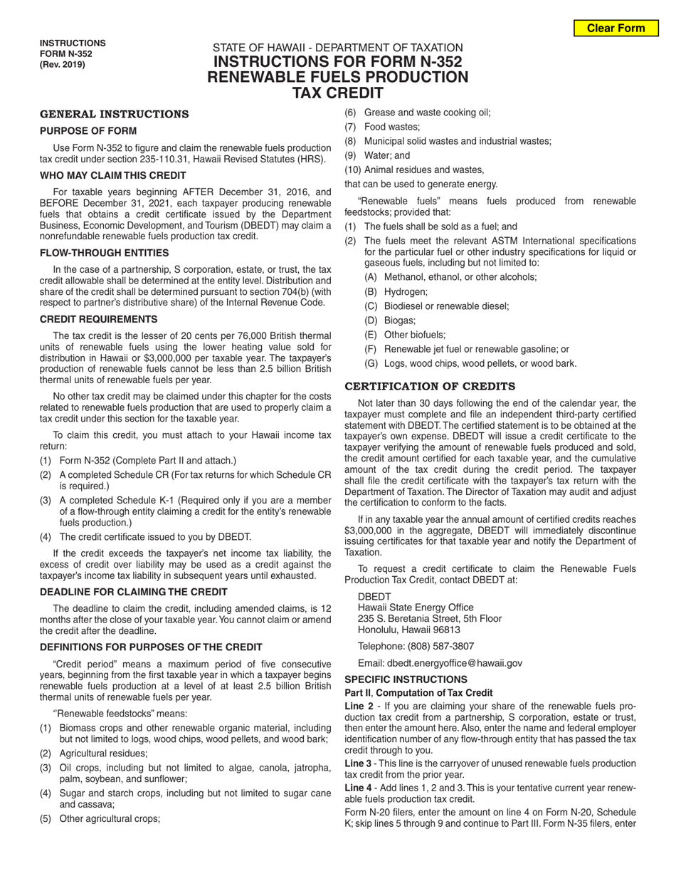 Instructions for Form N-352 Renewable Fuels Production Tax Credit - Hawaii, Page 1