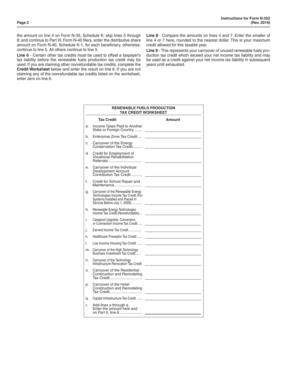 Instructions for Form N-352 Renewable Fuels Production Tax Credit - Hawaii, Page 2