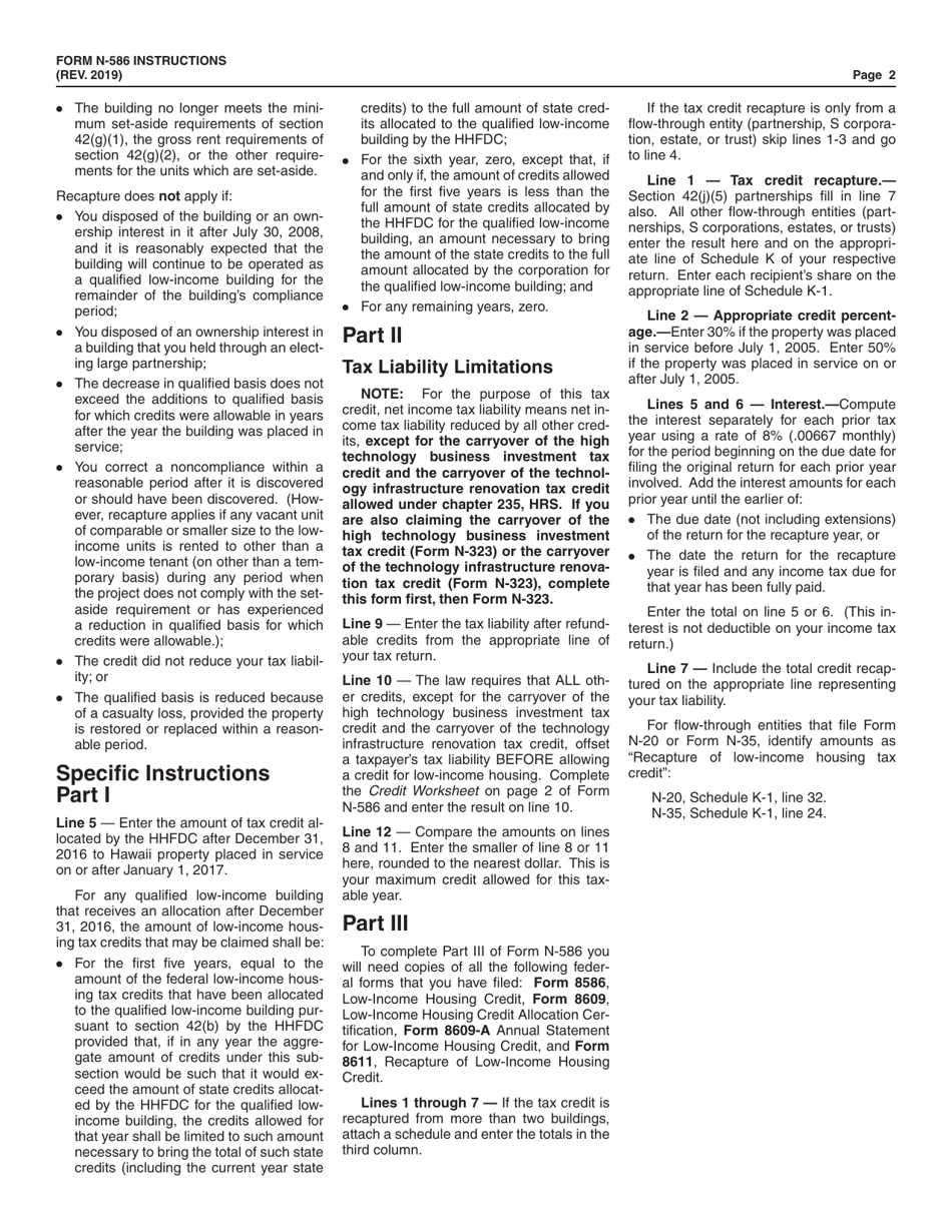 Instructions for Form N-586 Tax Credit for Low-Income Housing - Hawaii, Page 2
