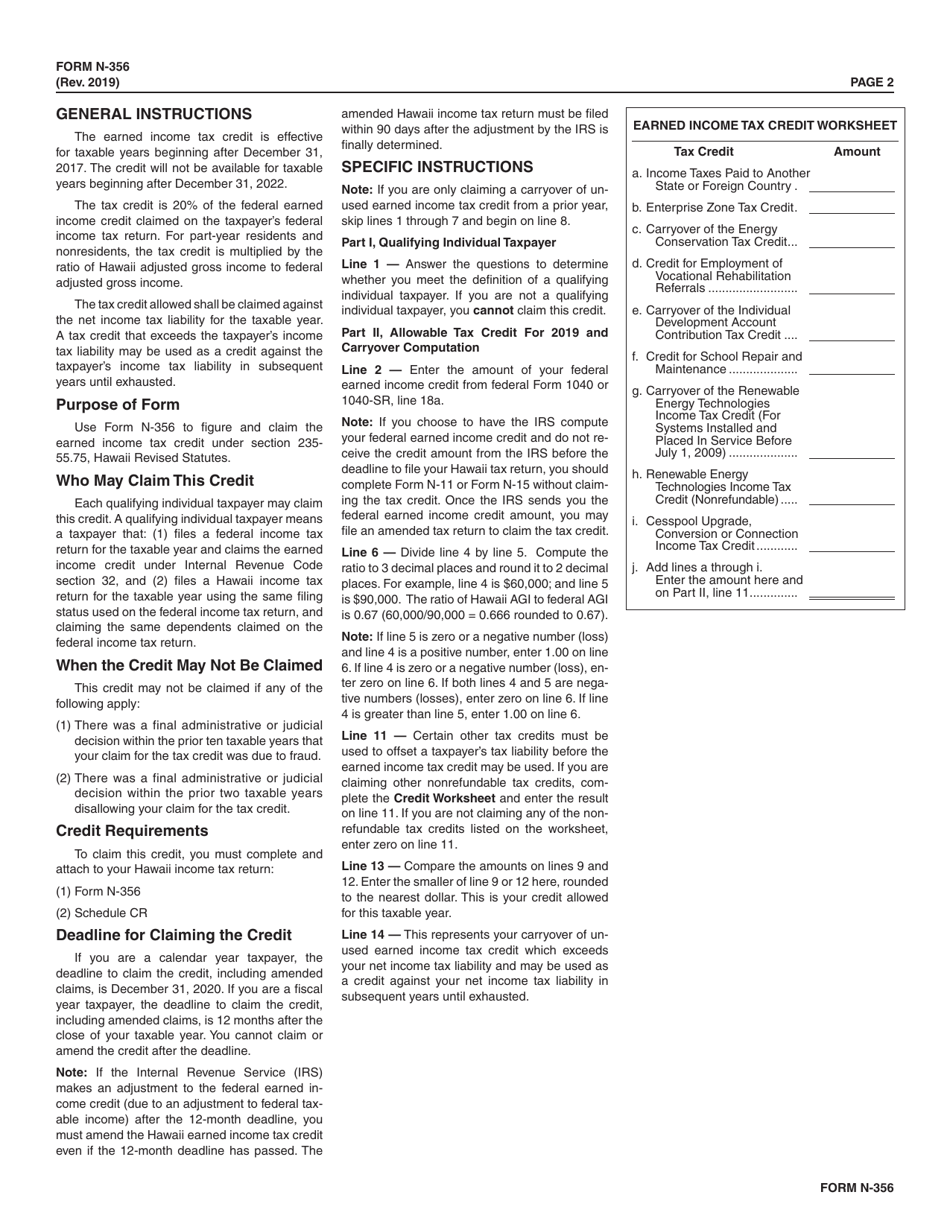 Form N-356 Earned Income Tax Credit - Hawaii, Page 2