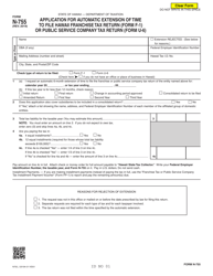 Document preview: Form N-755 Application for Automatic Extension of Time to File Franchise Tax Return (Form F-1) or Public Service Company Tax Return (Form U-6) - Hawaii