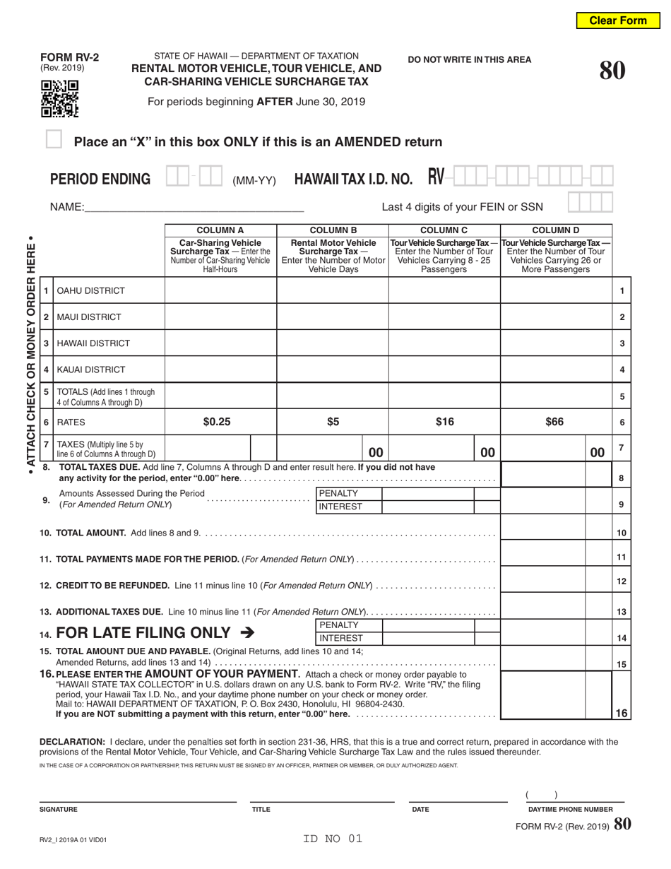 Form RV-2 Periodic Rental Motor Vehicle, Tour Vehicle, and Car-Sharing Vehicle Surcharge Tax - Hawaii, Page 1