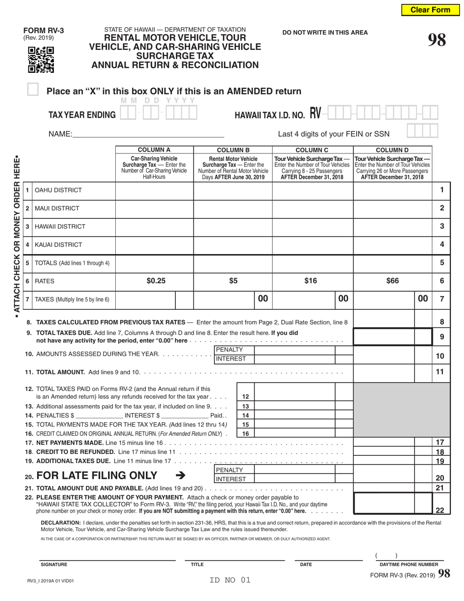 Form RV-3 Rental Motor Vehicle, Tour Vehicle, and Car-Sharing Vehicle Surcharge Tax Annual Return and Reconciliation - Hawaii, Page 1