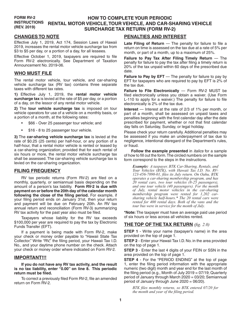Instructions for Form RV-2 Rental Motor Vehicle, Tour Vehicle, and Car-Sharing Vehicle Surcharge Tax - Hawaii, Page 1